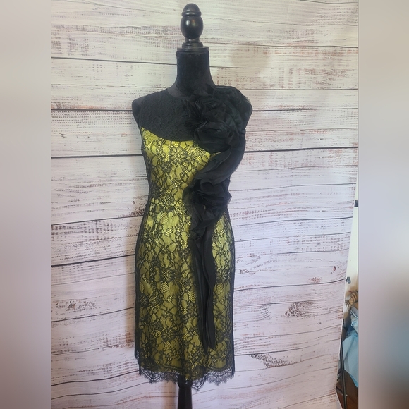 Chartreuse and Black Lace cocktail dress Teri Jon size 4 - Picture 1 of 8